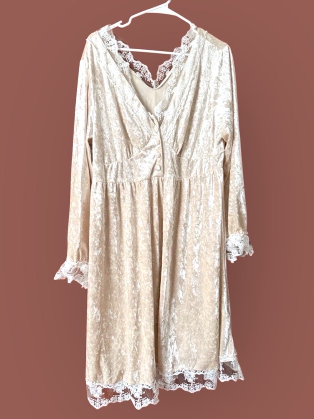 Cream Lace-Trim Velvet Mini Dress